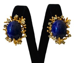 Vintage Panetta Brutalist Lapis Cabochon Crystal Textured Goldtone Clip Earrings