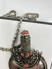 Antique Victorian Silver Snuff Bottle Filigree Red Coral? Tibetan? 32in Read