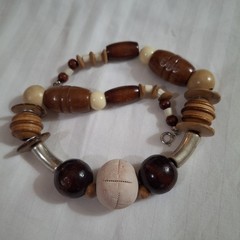 Vintage Chunky Mix Wood Necklace Clay Art Pendant Handmade Silver Tone Round