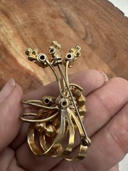 Vintage Gold Tone Red Clear Rhinestones Floral Flower Basket Brooch Pin