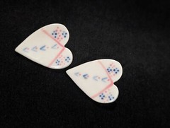 Vintage Artisan White Pink Blue Ceramic Heart Pierced Earrings Boho