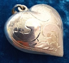 Vintage Puffy Heart Pendant Necklace Etched Design Included SS Chain 925