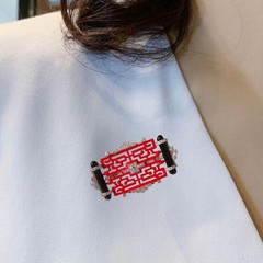 Black Onyx and Red Enamel 925 Sterling Silver Brooch Geometric Design CZ Jewelry