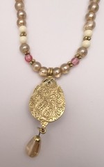 “1928” VTG Pink Champagne Glass Beaded Gold Tone Set Necklace Earrings Brooch