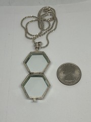 Vintage Aqua Hexagon Glass Locket Pendant Necklace 925 Sterling Silver 20”