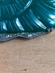 Antique Art Deco Carved Chrysoprase Marcasite Stamped 935 Sterling Brooch Pin