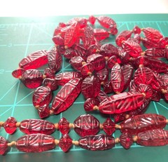 Antique/Vtg Red Czech Glass Bead Necklace Hand Strung Knotted Flapper 56″