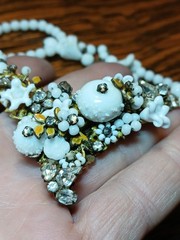 Vintage Early Signed Laguna 2-Strand Wired Center Wht Glass Rhinestone Necklace