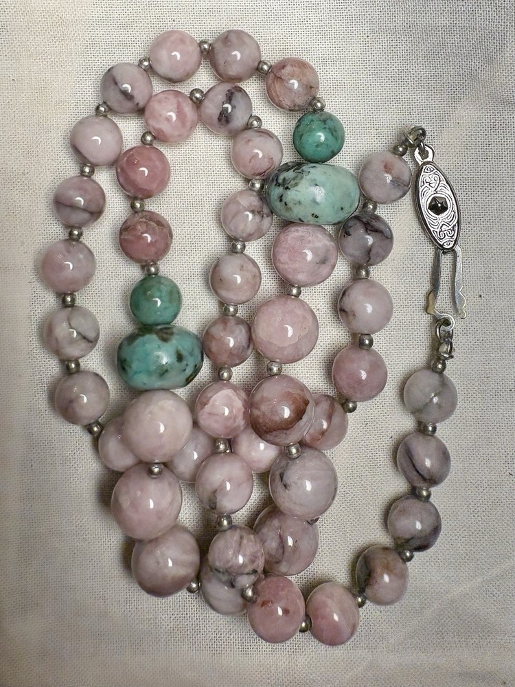 Unique Vintage Natural Stone, Pink And Green Necklace, Ornate Oval Box Clasp