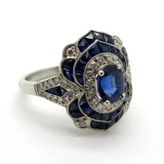 Vintage Art Deco Oval Sapphire & Lab-Created Diamond Engagement 925 Silver Ring