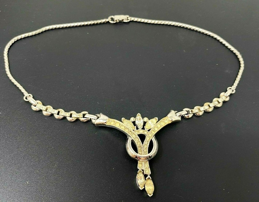 Vintage signed Anthony White Rhinestone Silver tone Choker Necklace 15″