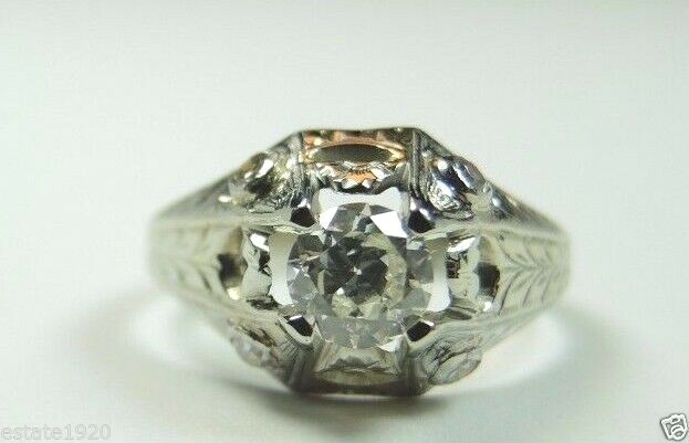 Antique Art Deco Engagement Belais 18K White Gold EGL USA Ring Size 4.25