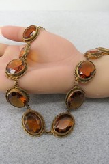 Antique Pre 1920s Czech Glass Necklace Brass Cognac Hue Stones 17″ Bold Estate