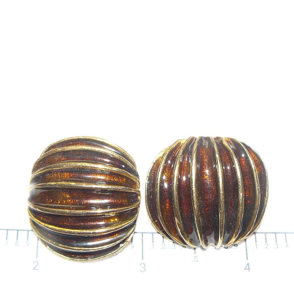 1980’s Gold Tone Metal Ribbed Clip on Earrings with Brown Enamel