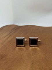 Vintage Cufflinks Square Gold-tone W/ Black Inlay Bullet Back Mens