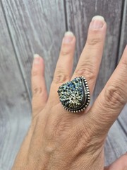 Large Vintage 925 Sterling Silver Blue Gold Druzy Ring Size 8.5 Estate Jewelry
