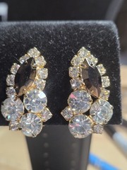 Vintage Gold Tone Clip On Earrings AB Brown & Clear Glass Crystals Sparkling