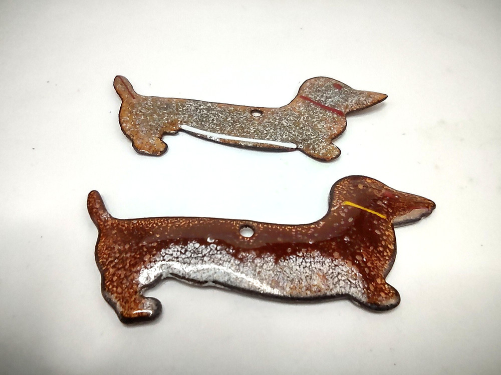 Vintage Pair Dachshund Dog Pendants Enamel on Copper Brown Colors Not Identical