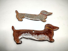 Vintage Pair Dachshund Dog Pendants Enamel on Copper Brown Colors Not Identical