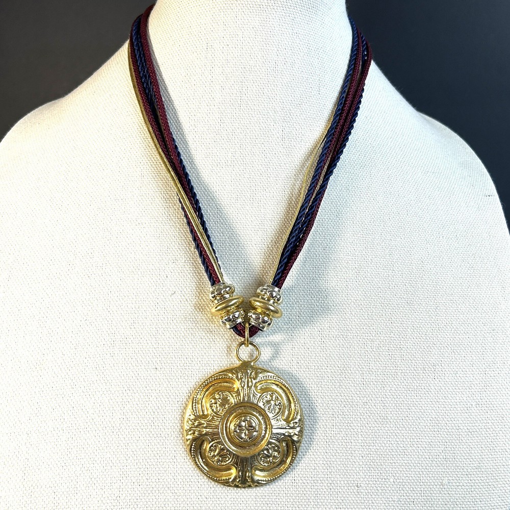 1980s Medallion Necklace Pendant 5 Strand Cord Large Statement Gold Tone Beads