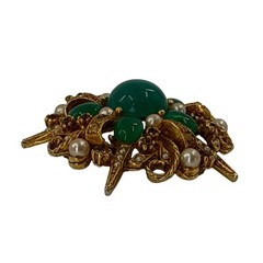 Vintage ART ARTHUR PEPPER Gold Tone Green Rhinestone Faux Pearl Brooch Sunburst