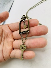 Vintage Bronze Tone Lovebird in Gilded Cage Dove Heart Lock Key 18 in Necklace