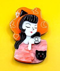 Dreaming Girl & Black Cat Acrylic Brooch Contemporary