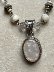 Vintage Natural Gemstone Beige Wood Bead Necklace MOP Pendant 16”