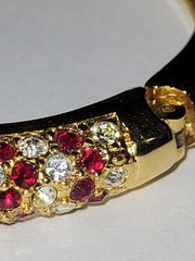Red White Rhinestone Goldtone Hinge Bangle Bracelet Glam Fashion CostumeJewelry