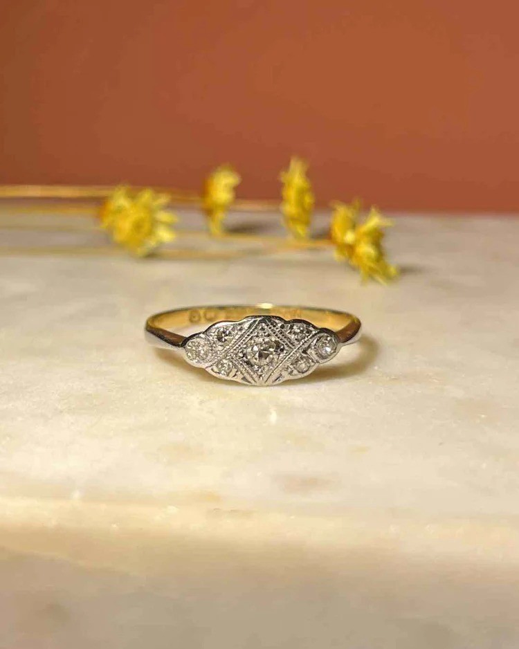 Vintage 14k Gold Two Tone Finish Art Deco Lab Created Diamond Wedding Gift Ring