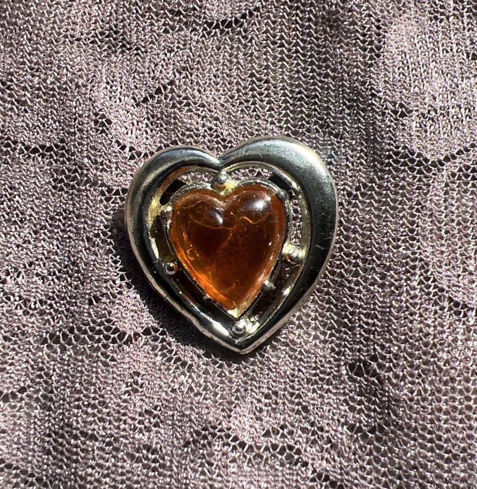 Vintage Resin Enamel Rhinestone Orange Heart Brooch