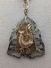RARE SIGNED ART TWO TONE Brutalist hammered bird design pendant necklace