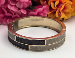 Black Silver Druzy Geometric Clamper Bracelet Gold Tone 7.5 In Hinged Vintage