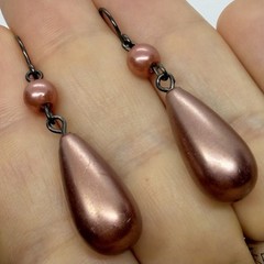 Vtg Brown Glass Pearl Teardrop Dangle Earrings Hook