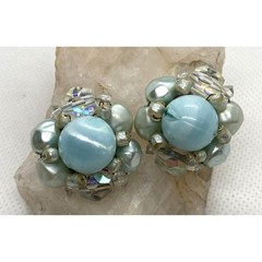 Vintage Pastel Blue Plastic Bead 3 Strand 16” Necklace Earrings Set 60s Japan