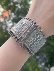 104g European Antique 820 Silver Ornate Wide Bangle ft Flower & Monogram Pattern
