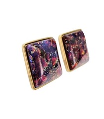 Yves Saint Laurent Purple Pink Foil Art Glass Square Clip On Earrings J672