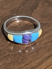 Vintage Southwest Style Sterling Silver Multi Stone Inlay Band Ring Size 7 3.76g