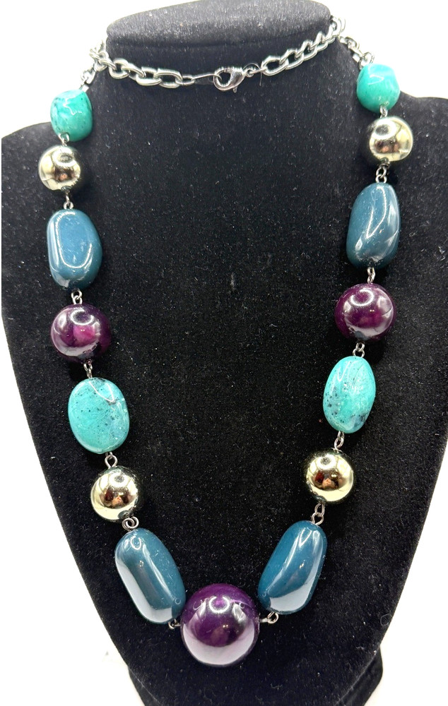 Vintage Colorful Chunky Bead Necklace Gunmetal Chain Artsy Statement 30″