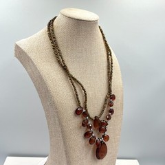 VTG Boho Amber Toned Double Strand Beaded Statement Necklace Retro Earthy Chic