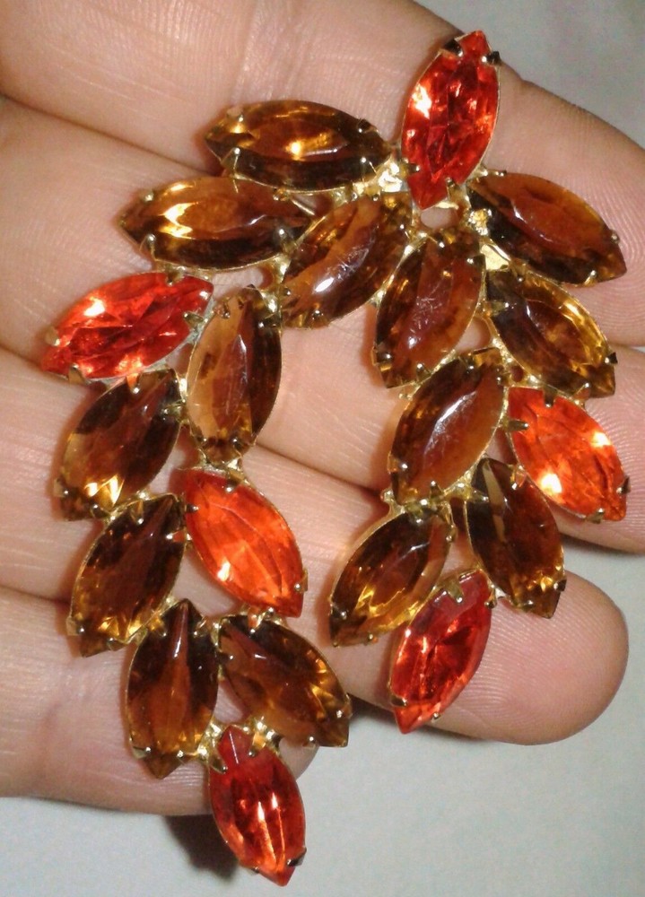 Large Vintage Rhinestone Brooch Fall Color Navette Topaz Glass Orange Crystal