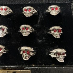 Lot Of 12 VTG NOS Silver Plate Skull Rings Red Eyes Assorted Sizes