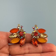 Vintage Rhinestone Clip On Earrings Orange Yellow Frosted Lucite Flower Climbers