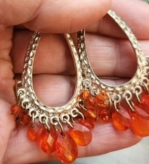 VINTAGE ORANGE BEADED CHANDELIER SILVER TEARDROP PENDANT DANGLE DROP 3″ EARRINGS