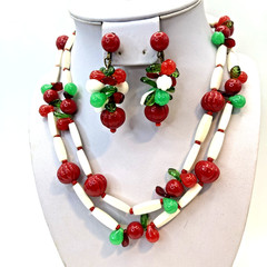 Fun! Red & White Plastic Fruit Salad 34″ Necklace W Dangle Clip Earrings Germany