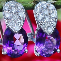 14k white gold 3.10ct amethyst diamond omega back earrings handmade 3.85gr