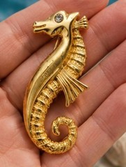 Vintage Monet Gold Tone Seahorse Brooch Rhinestone Eye Nautical Coastal Beach