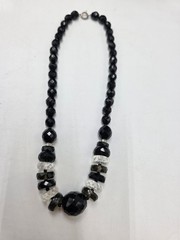 Vintage Czech Black Faceted Glass Bead Necklace Clear Crystal Accents 17″
