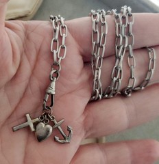 Antique Victorian Love Faith Hope Fob Charm Watch Chain 33″ Necklace Dog Clip