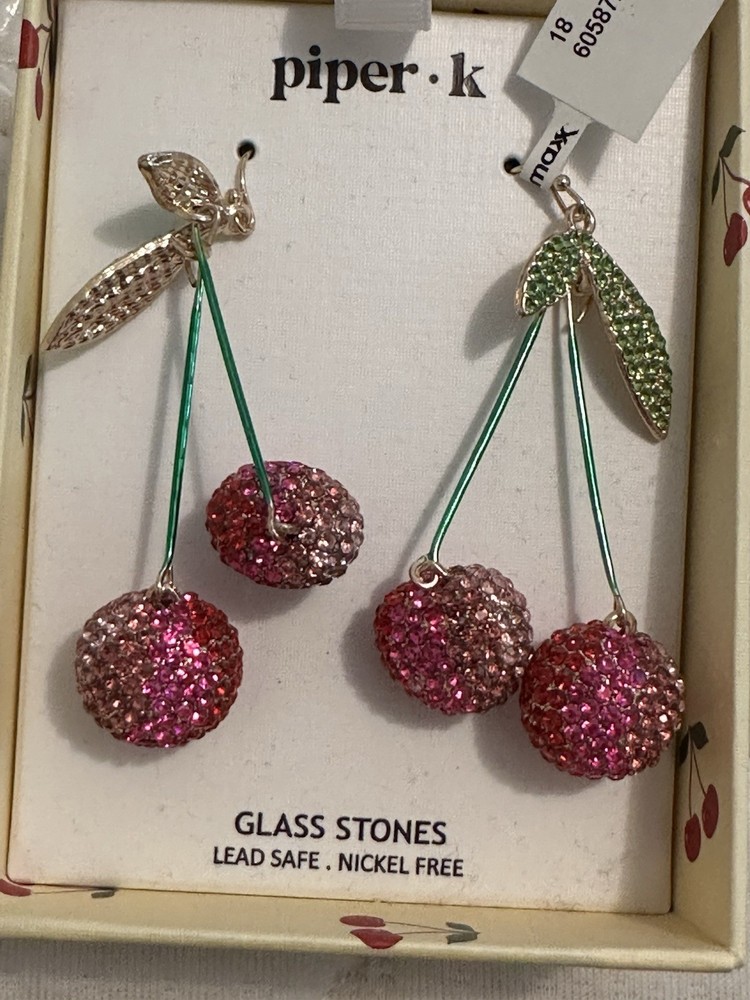 PIPER K PINK RHINESTONE CHERRY PIERCED EARRINGS-COSTUME JEWELRY